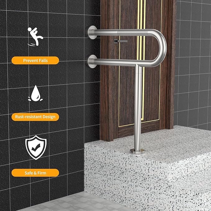 Toilet Grab Bar 23.4 Inch, YuanDe Wall to Floor Brushed Nickel Bathroom Safety Bar w/Anti-Slip Knurled Grip, Stainless Steel Handicap Grab Bar with Leg,Support Bar for Disabled Elderly Pregnant