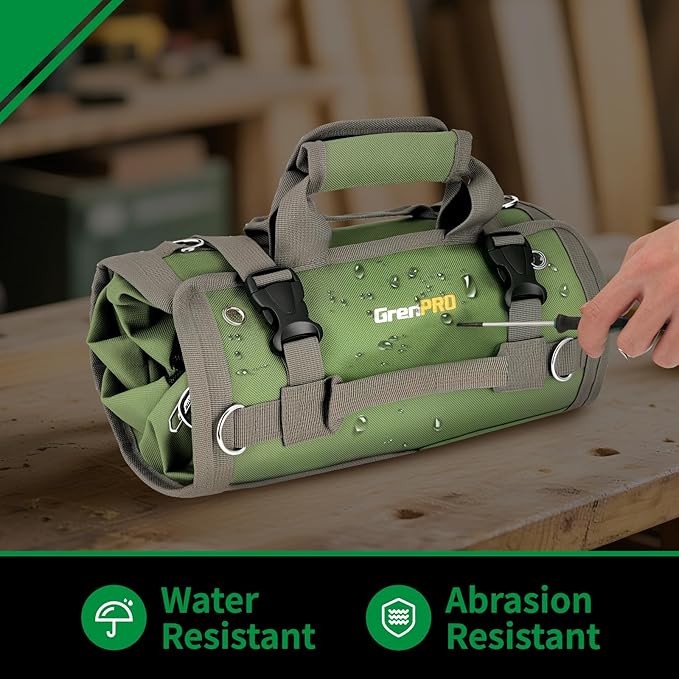 Roll Up Tool Bag With Detachable Pouches, Heavy Duty Organizer With 6 Pockets for Mechanics, Electricians, DIY, Gifts for Dad, Men Birthday Gift, Green