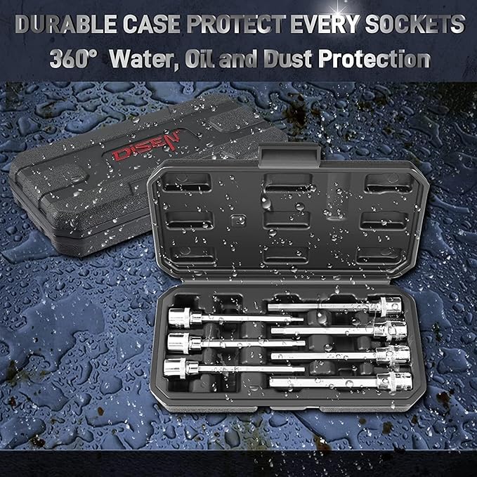7 Pieces 3/8" Drive Extra Long Allen Wrench Hex Bit Socket Set with Portable Storage Case, Hex Head Metric 3-10mm, Chrome Vanadium Steel & S2 Alloy Steel