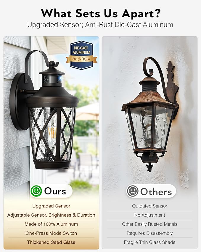 VIANIS Motion Sensor Outdoor Wall Lantern for Porch, Oil Rubbed Bronze Exterior Lighting Fixtures Wall Mount, 2-Pack Exterior Sconce Light with Tempered Seed Glass, Outdoor Garage Lights for Coach