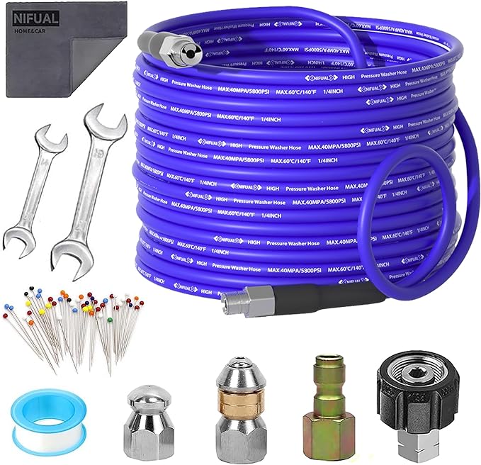 NIFUAL 25FT Sewer Jetter Kit for Pressure Washer, 5800PSI Drain Cleaner Hose 1/4 Inch NPT Corner, Rotating and Button Hose Sewer Jetting Nozzle Waterproof Tape Pearl Corsage Pin Spanner Glove
