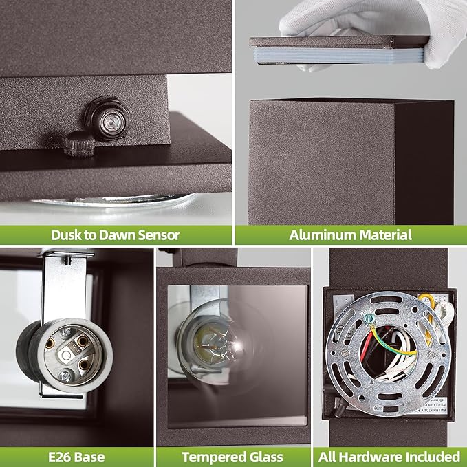 KIZON Outdoor Wall Lights with Dusk to Dawn Sensor 2 Pack, Modern Outdoor Sconce Lights with Oil Rubbed Bronze Finish, Aluminum Exterior Lighting Fixtures for House Porch, ETL Listed