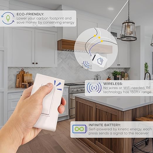 RunLessWire 20 Amp On/Off Receiver Heavy-Duty RF Relay Compatible with Self-Powered Kinetic Wireless Light Switches to Control Electrical Circuit Remotely Easy DIY Install 100-277VAC, Indoor Use