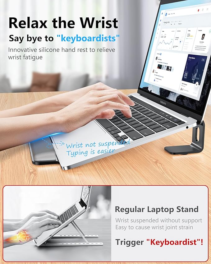 NTMY Laptop Stand for Desk with Wrist Support, Aluminum Computer Stand for Laptop,Ventilated Ergonomic Holder Mount Riser for MacBook Air/HP/Dell/Acer/Lenovo 10-17.3'' (Black)