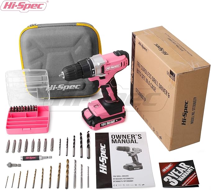 Hi-Spec 58pc 18V Pink Womens Cordless Electric Power Drill Driver and Screw Bit Set in a Portable Case for Wood, Plastics, Drywall and Light Metal Drilling