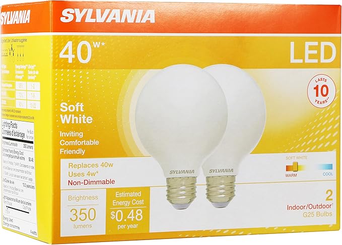 SYLVANIA G25 LED Light Bulb, 40W Equivalent Efficient 4W, 10 Year, Non-Dimmable, 350 Lumens, 2700K, Soft White - 2 Pack (40214)
