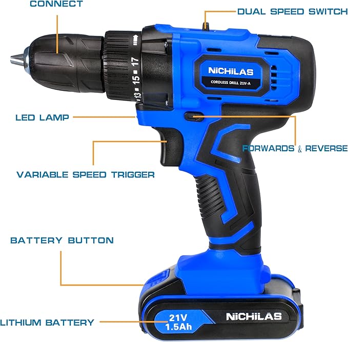 Cordless Drill, 21V Power Screwdriver 2 Variable Speed 3/8” Keyless Chuck, 2 X 1500mAh Batteries and Charger for assembling, repairing and DIY
