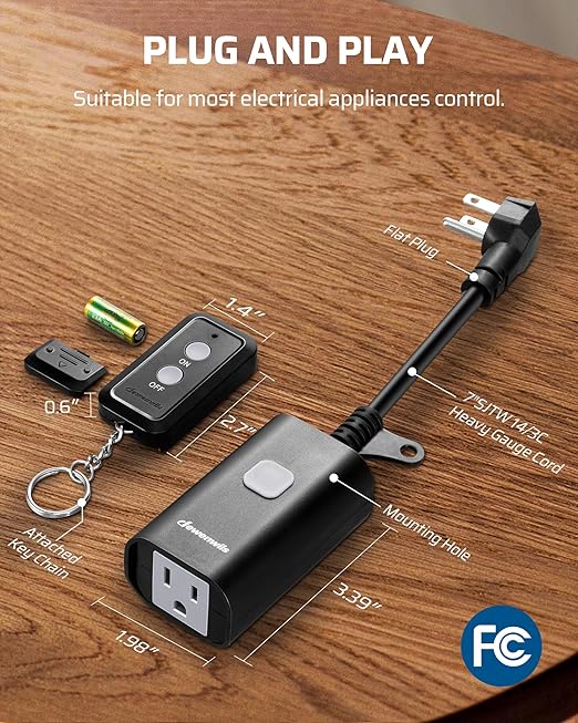 DEWENWILS Outdoor Remote Control Outlet, 15A Wireless Remote Control Switch, 100FT Control Range & 14AWG SJTW Power Cord, Weatherproof for Lights Outdoor Appliances, FCC Listed