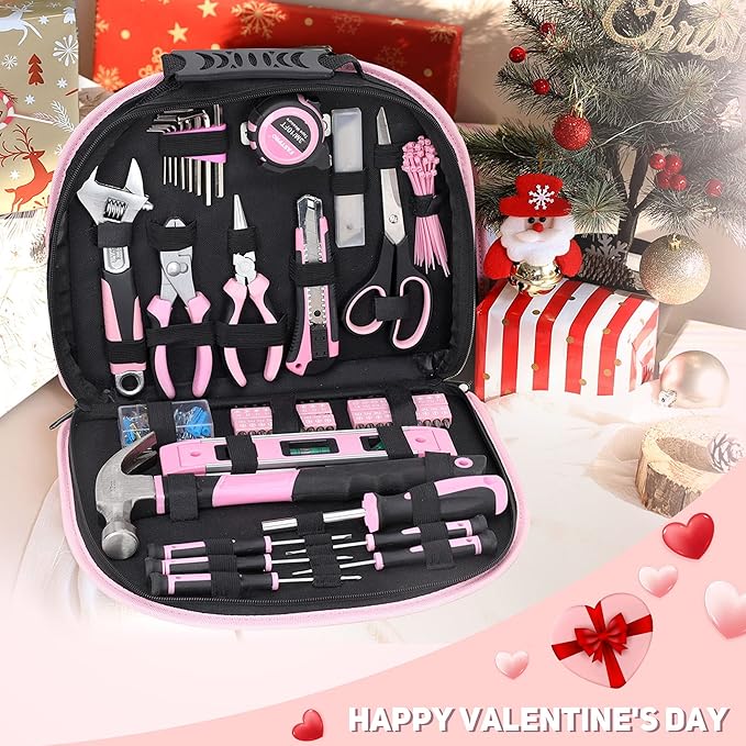 TOPLINE 208-Piece Pink Tool Kits for Women with Round Pouch, Small Tools Kit for Apartment, Home, Household Ladies Pink Tool Set for Best Gifts and Home Maintenance