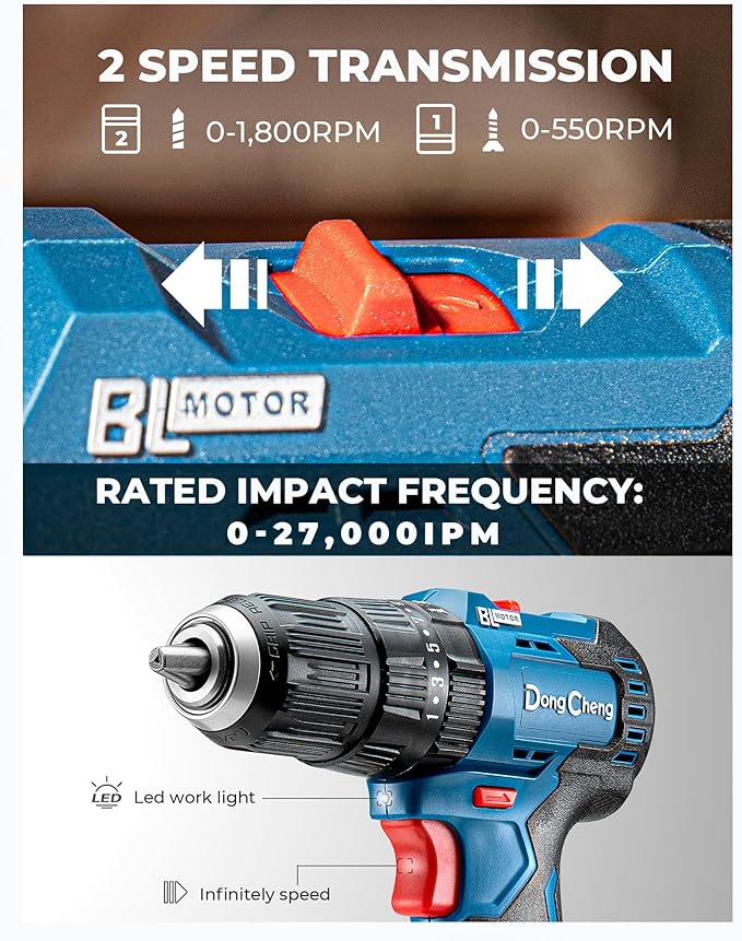 Dong Cheng 20V Brushless Heavy-duty Impact Drill, 443 in-lbs, 27000 IPM, 1/2" Keyless Metal Chuck, 20+1+1 Clutch, Cordless Hammer Drill with 2 Battery Kit for Drilling Brick Wall, Metal, Wood