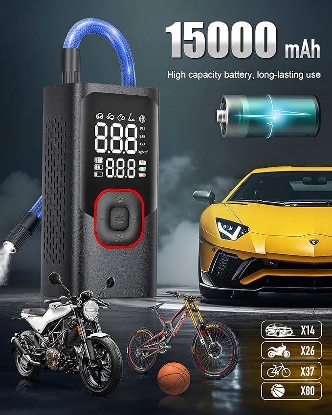 Tire Inflator Portable Air Compressor 150 PSI Cordless Mini Bike Tire Pump Air Pump for car Motorcycle Bicycle Balls Inflator with Pressure Gauge 15000mAh 6X Fast Inflation Auto Shutoff