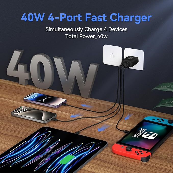USB C Wall Fast Charger Block, 40W 4-Port Type C Chargers Fast Charging Blocks PD Power Charger Adapter+QC 3.0 USB Multiport Charger Brick for Phone 17/16/15/14/13/12 Pro Max, i-Pad, Galaxy S25-2Pack