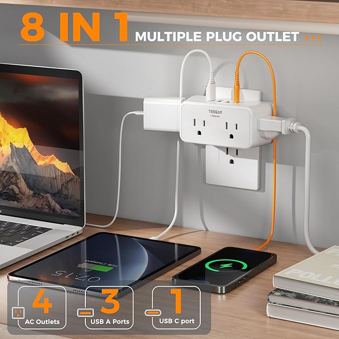 Multi Plug Outlet Extender, TESSAN Wall Surge Protector with 4 Electrical 3 Prong Outlet Splitter 4 USB Charging Blocks Adapter(1 USB C), 3 Way Multiple Plug Expander for Home Bathroom Essentials
