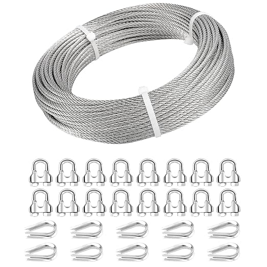 3/16 Wire Rope, 100ft 3/16 Stainless Steel Cable Wire, 7x19 Strand Aircraft Cable Wire Rope Kit, 3700lbs Breaking Strength with 3/16 Cable Clamps,Thimble for Deck Railing Shade Sails String Lights