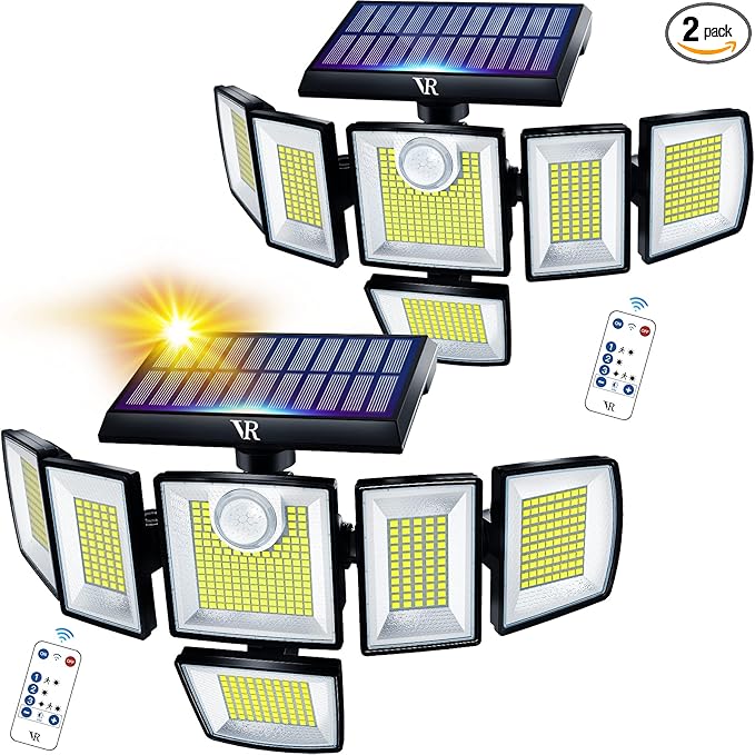 Solar Motion Sensor Flood Lights Outdoor - 496LEDs 3500LM 3 Lighting Modes 3 Levels Brightness, 6 Heads 360° Illumination, IP65 Solar Security Lights,for Porch Yard Patio Garage(2 Packs)