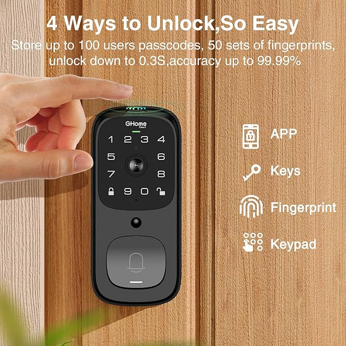 GHome Smart 3 in 1 Door Lock with Fingerprint,WiFi,Keyless Entry Smart Deadbolt, 2K HD Camera, 2.4GHz, App Remote Control, Smart Door Knob with Doorbell