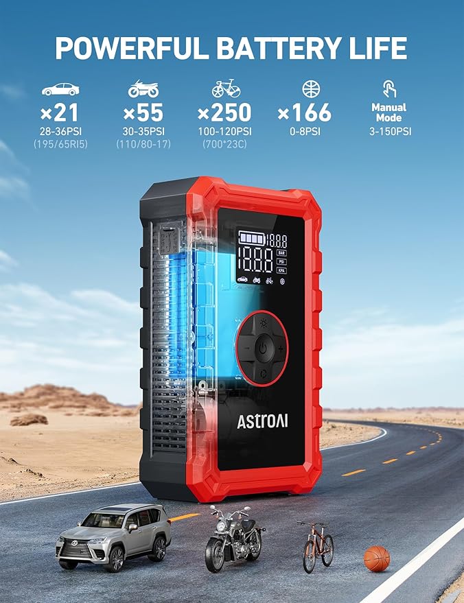 AstroAI S8 Air Jump Starter with Air Compressor, 1500A Peak Car Battery Jump Starter Portable (6.0 Gas/3.0L Diesel) with 150PSI Cordless Auto-Shutoff Tire Inflator, 12V Battery Charger Booster(Red)