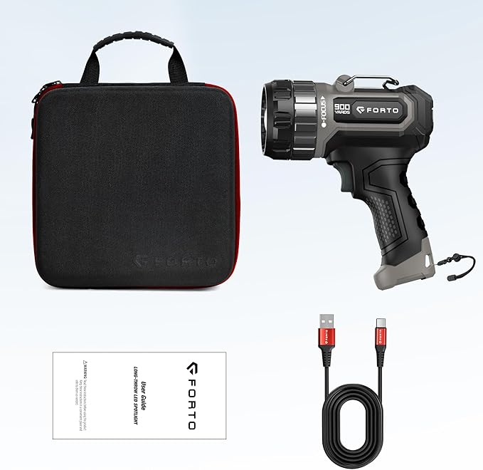 FORTO Compact Rechargeable Spotlight with Adjustable Focus, Handheld Spot Light with Stand, 823m Range, 3 Light Modes and LED Spot Lights Outdoor for Boating Hunting Camping Hiking