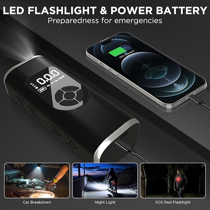 StartPro Tire Inflator Portable Air Compressor, 150PSI Cordless Air Pump, Dual Power Suply, LED Display, Flashlight, Auto Shut-Off, Fast Inflation for Car, Motorcycle, Bike, and Sports Equipment