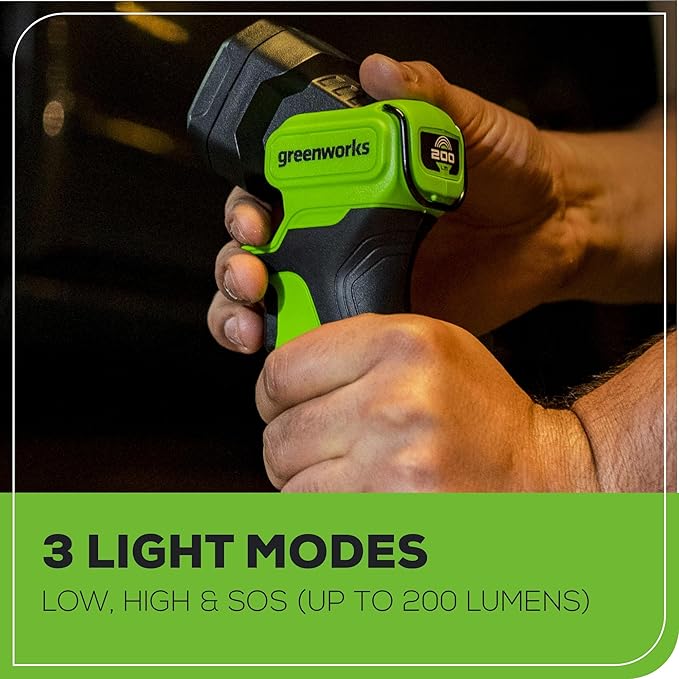 Greenworks 24V Cordless High Intensity LED Flashlight Kit, 200lm Handheld Light, Tool Only