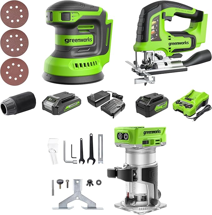Greenworks 24V Brushless 3-Tool Combo Kit,Cordless Jigsaw+Compact Wood Router+Orbital sander Power Tool Sets Including 2 Batteries