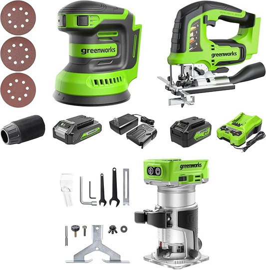 Greenworks 24V Brushless 3-Tool Combo Kit,Cordless Jigsaw+Compact Wood Router+Orbital sander Power Tool Sets Including 2 Batteries