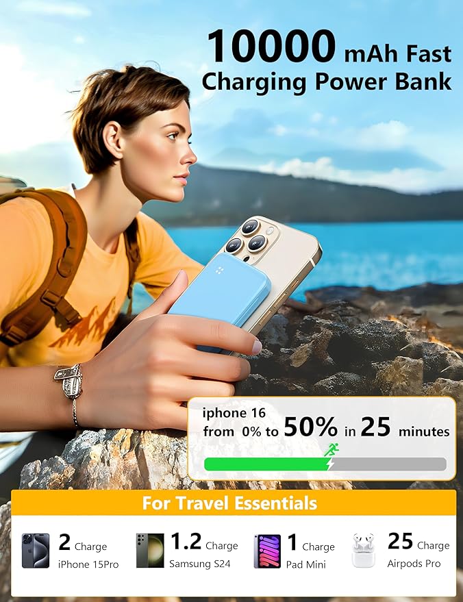 Alongza Portable Charger Built-in Cables and AC Wall Plug, Slim Fast Charging Power Bank 10000mAh, Lightweight USB C External Battery Pack Compact Travel Cell Phone Charger