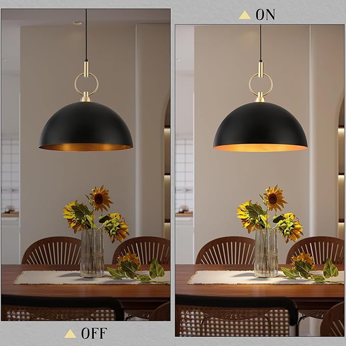 19.6" Black and Gold Pendant Lights for Kitchen Island Large Dome Pendant Light Fixture Industrial Hanging Lamp for Dining Room Hallway Entry Bedroom Bar