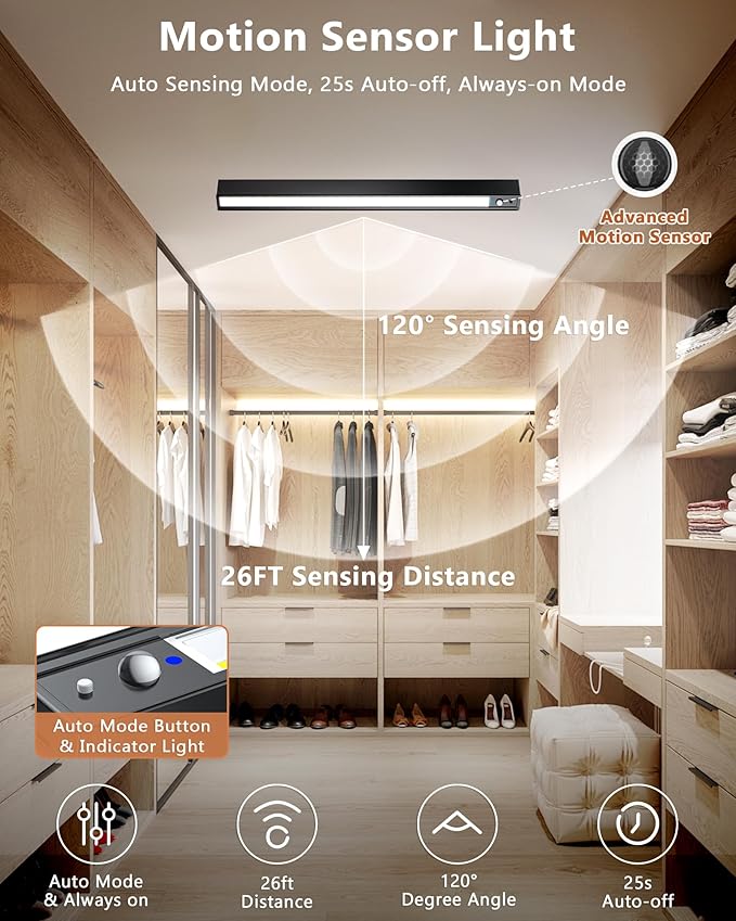 Rechargeable Motion Sensor Ceiling Light, Full Metal Battery Powered LED Closet Light, 3 Color 500LM Dimmable with Remote & Timer, Magnetic Cordless Mount for Shower, Hallway, Garage, Pantry -Black