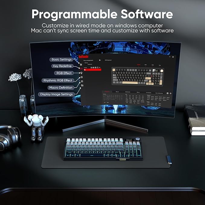 RedThunder K95 Wireless Mechanical Keyboard,TFT Screen & Knob, Trip-Modes Connection, Gasket Custom Hot-Swap Keyboard, RGB Backlit, Pre-lubed Linear Switches, Side Printed PBT Keycaps, Gray Gradient