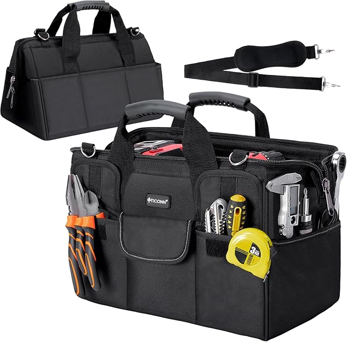 TICONN Heavy Duty Tool Bag with Multi-Pockets, Portable Tool Box Organizer Storage Bag, with Adjustable Shoulder Strap and Ergonomic Handle (Black, 14" Standard Base)