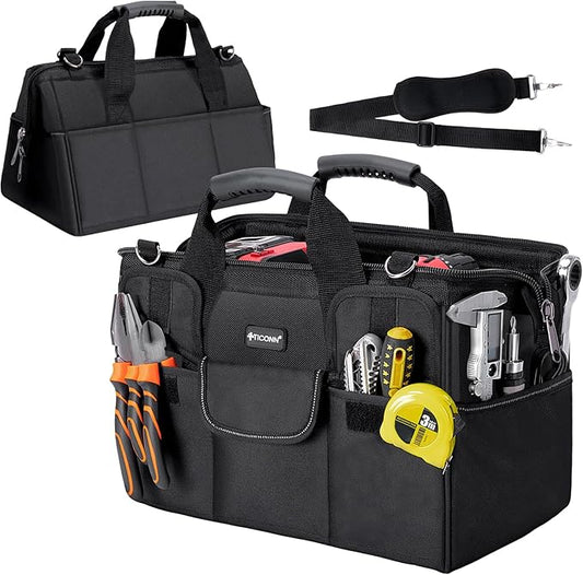 TICONN Heavy Duty Tool Bag with Multi-Pockets, Portable Tool Box Organizer Storage Bag, with Adjustable Shoulder Strap and Ergonomic Handle (Black, 14" Standard Base)