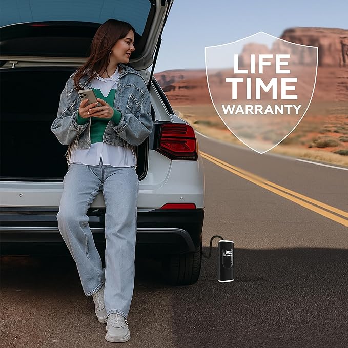 StartPro Tire Inflator Portable Air Compressor, 150PSI Cordless Air Pump, Dual Power Suply, LED Display, Flashlight, Auto Shut-Off, Fast Inflation for Car, Motorcycle, Bike, and Sports Equipment