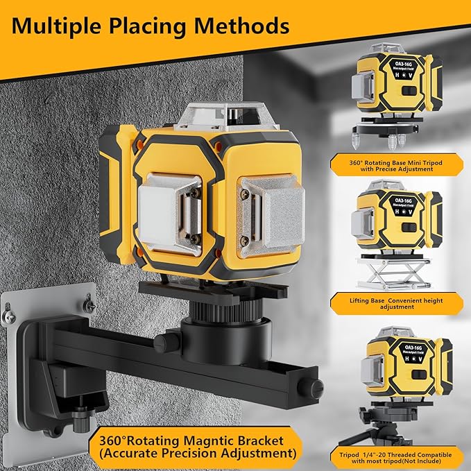 16 Line Laser Level 360 Self Leveling,Professional 4 x 360 Laser Level with Pulse Mode,4D Green Alignment Laser for Construction and Picture Hanging,with 2 Batteries,Magnetic Bracket,Hard Carry Case