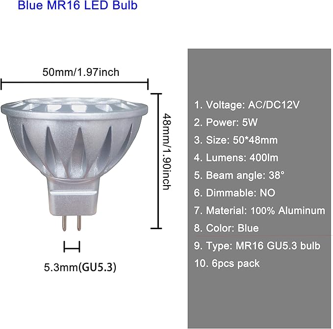 ALIDE MR16 GU5.3 Blue Led Bulbs 5W,20W 35W 50W Halogen Equiv,Low Voltage 12V MR16 Blue Color Bulb Spotlights for Outdoor Landscape Flood Yard Garden Tree Pool Step Lighting,Not Dimmable,38 Deg,6 Pack