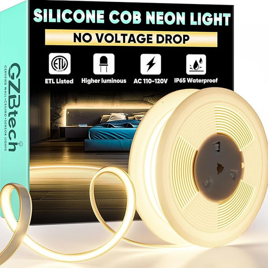 GZBtech Silicone COB Neon Rope Lights 33FT/10M, 2800K Super Bright Warm White Waterproof Neon Strip Light, AC 110-120V Flexible Soft Cuttable Tape Rope Lighting for Indoor Outdoor Home Commercial