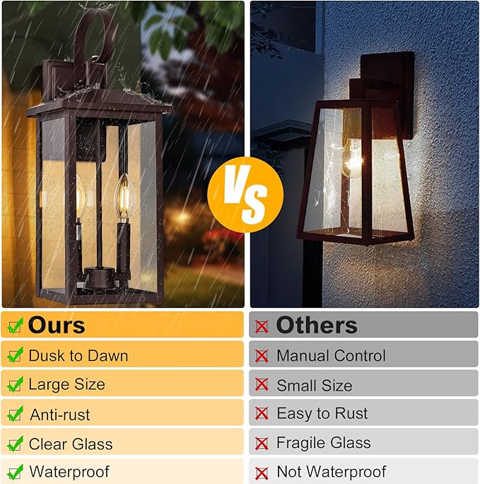 Extra Large Exterior Lighting Fixtures Bronze, Dusk Till Dawn Outdoor Light Fixture, 2-Light Outdoor Wall Fixture with E12 Socket, 18" Porch Light Fixtures for House, Garage, Patio, Door, Backyard