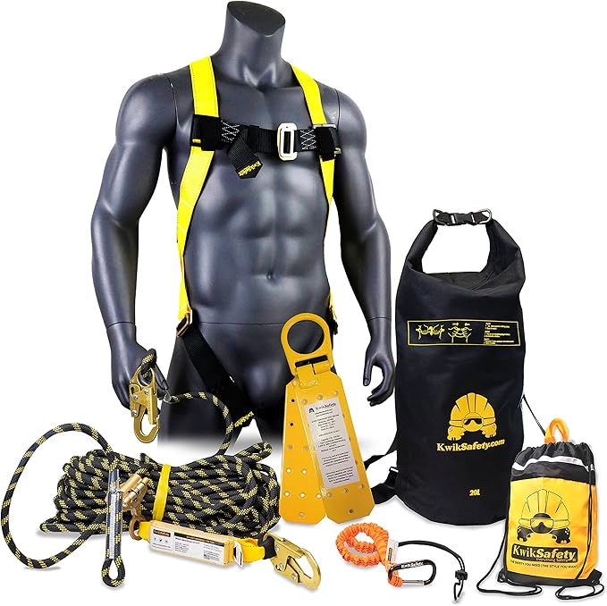 KwikSafety - Charlotte, NC - TSUNAMI KIT [Premium BRAIDED ROPE] Vertical Lifeline, 1-D Ring Safety Harness, Lightweight Tool Lanyard, Roof Anchor, 20L Dry Bag ANSI OSHA Fall Protection System / 25 FT.