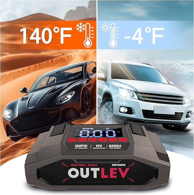 Jump Starter with Air Compressor (6000A 160PSI) - All-in-One Portable Jump Starter for Cars, Trucks, RV, Boat - Fast Charging, Safety Protection, Essential for Road Trips & Emergencies