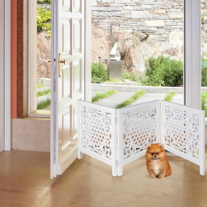 Bedding Craft Wooden Dog Gate 20" Wide x3 Panels,Color White, Total 60 inch Wide, Foldable Free Standing Dog Gate Indoor,Dcorative Gates Doorways, 3 Panels Pet Gate Extra 24" Height