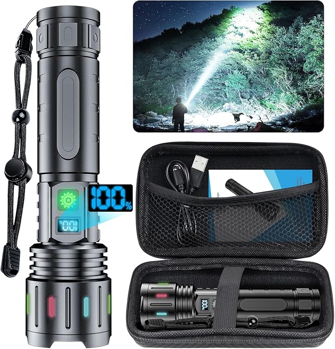 Hoxida Flashlights High Lumens Rechargeable - 1500 Meters Long Beam Super Bright LED Flash Light with Power Display & IPX5 Waterproof for Camping, 20H Runtime,Zoomable Handheld Flashlight-String