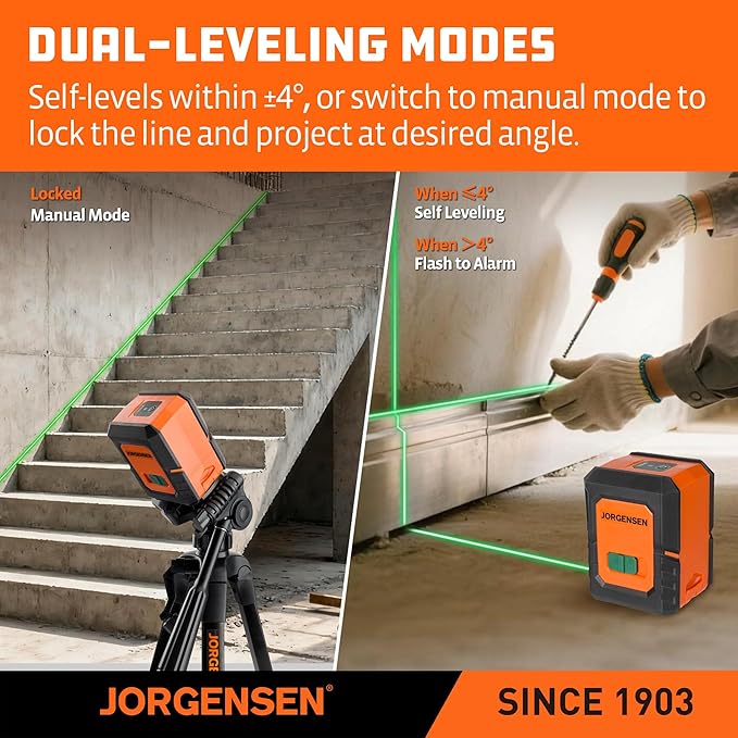 JORGENSEN Laser Level with Tripod, 100 FT Dual Modules Self Leveling Cross Line Laser Leveler Tool with 360° Magnetic Base, Green Laser Level for Picture Hanging, Tile, Home Renovation, Indoor Project