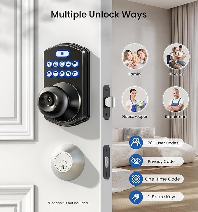Veise Keypad Door Knob Lock, Keyless Entry Digital Lock with Handle, Electronic Knob for Front Door & Bedroom, Easy Installation, Auto-Locking, Passage Mode, Matte Black