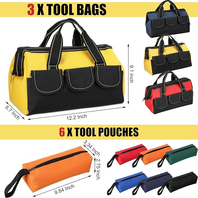 Sanwuta 9 Pcs Tool Bag for Men 3 Heavy Duty Wide Mouth Tool Bags and 6 Small Waterproof Pouch Tote for Electrician Carpenter Mechanic Father's Day Christmas Gifts(13 Inch,Blue Red Yellow)