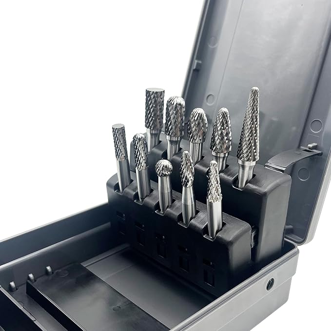 LU&MN Die Grinder Bits, Double Cut Solid Carbide Rotary Burrs Set with 1/4 Inch Shank for Metal Carving, Polishing, Engraving, and Drilling (10 Pcs-Set)