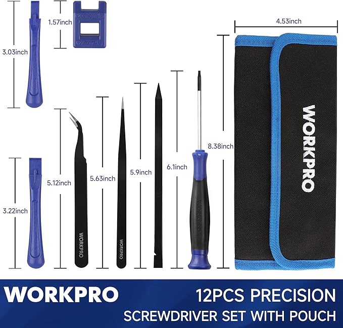 WORKPRO 12 in 1 Torx Screwdriver Set with T3 T4 T5 T6 T8 T10 Security Torx Bit & Tweezers, Precision Magnetic Screwdrivers, Pry Bars, Spudger for Eyeglass, Watch, Computer, Laptop, Phone, with Pouch