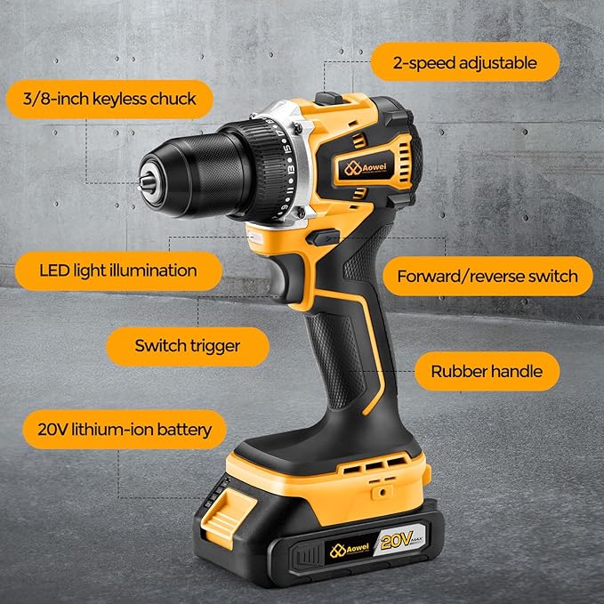 Cordless Drill Set/Driver, 20V Electric Power Drill With Battery And Charger, 30N Torque, 25+1 Settings, 2 Batteries,3/8-Inch Keyless Chuck, Driver Bits Kit, LED Light