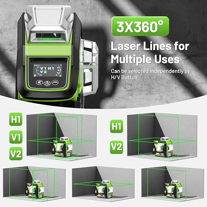 Huepar Laser Level, 360 Self Leveling 1/13-Inch-High Accuracy 3D Green Laser Line Leveler with Rechargeable Battery, LCD Screen, Adjust Brightness, Pulse Mode, Magnetic Base, Hard Carry Case (HX03CG)