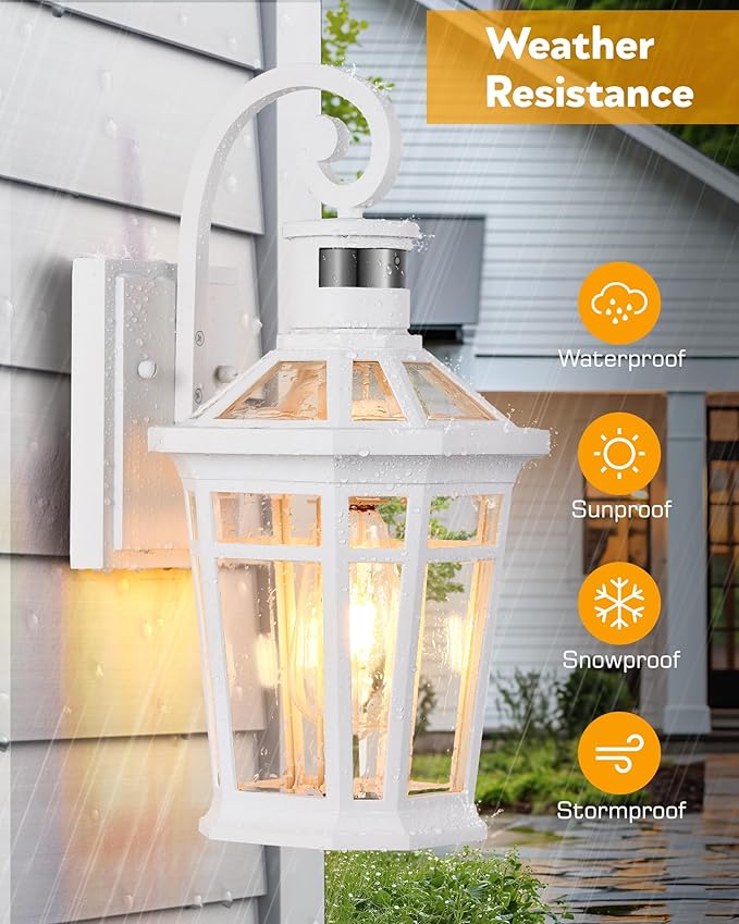 Motion Sensor Outdoor Wall Lantern, White Outdoor Lighting Fixtures Wall Mount, Dusk to Dawn Exterior Sconce Lights with Beveled Glass, Waterproof Exterior Front Porch Lights for Garage, Coach