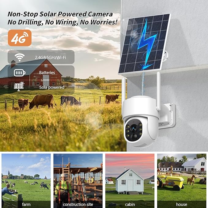 4G LTE Cellular Solar Security Camera, No WiFi Solar Powered Security Camera Outdoor, 360° Live View, 2K Color Night Vision, PIR Motion Detection, 2 Way Talk, Built in SIM Card